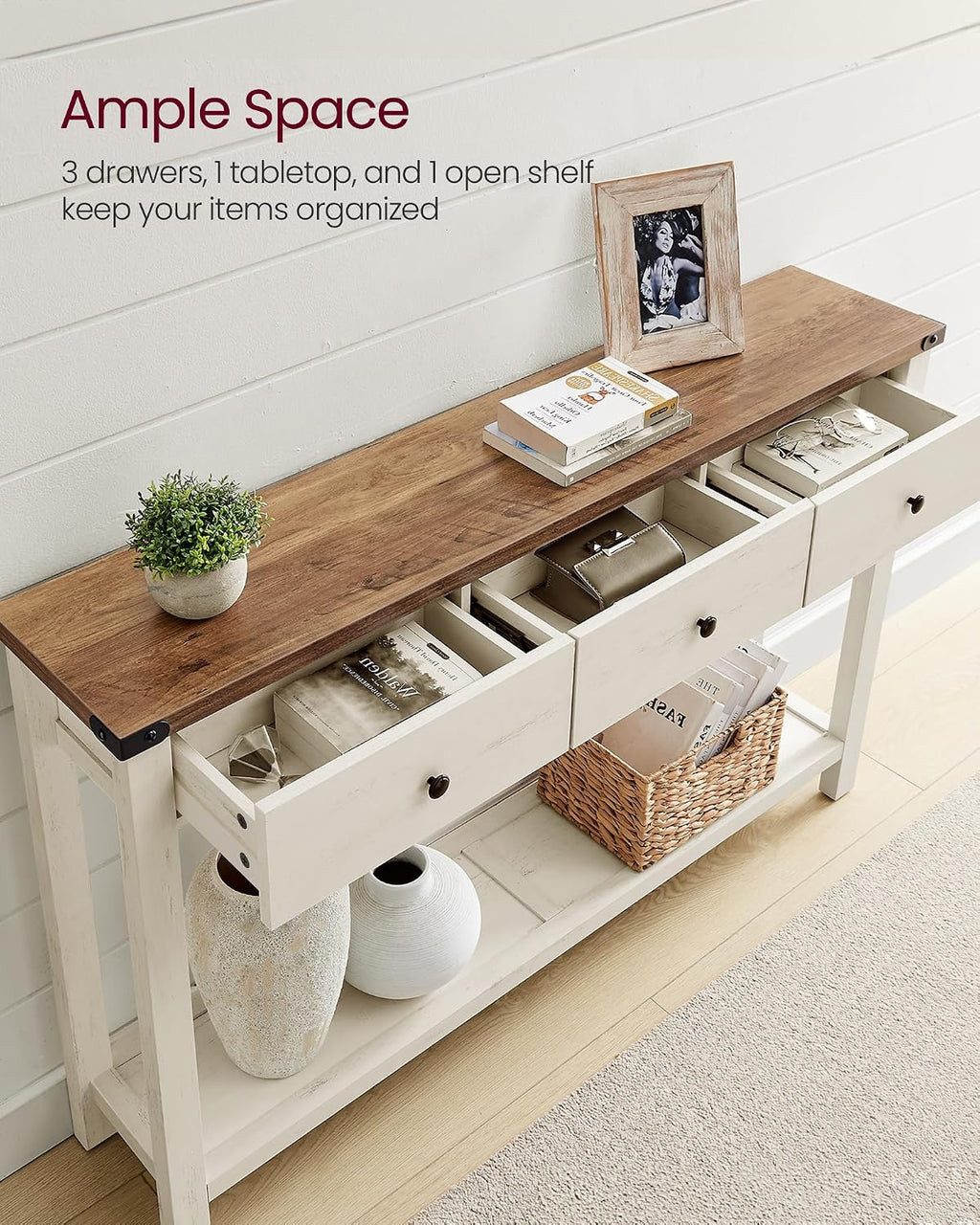 VASAGLE LIRY Collection - Console Table with 3 Drawers and Open Storage Shelf, Narrow Entryway Sofa Table for Living Room, Farmhouse Style, Metal Corners, Honey Brown and Rustic White ULNT142WJ02S