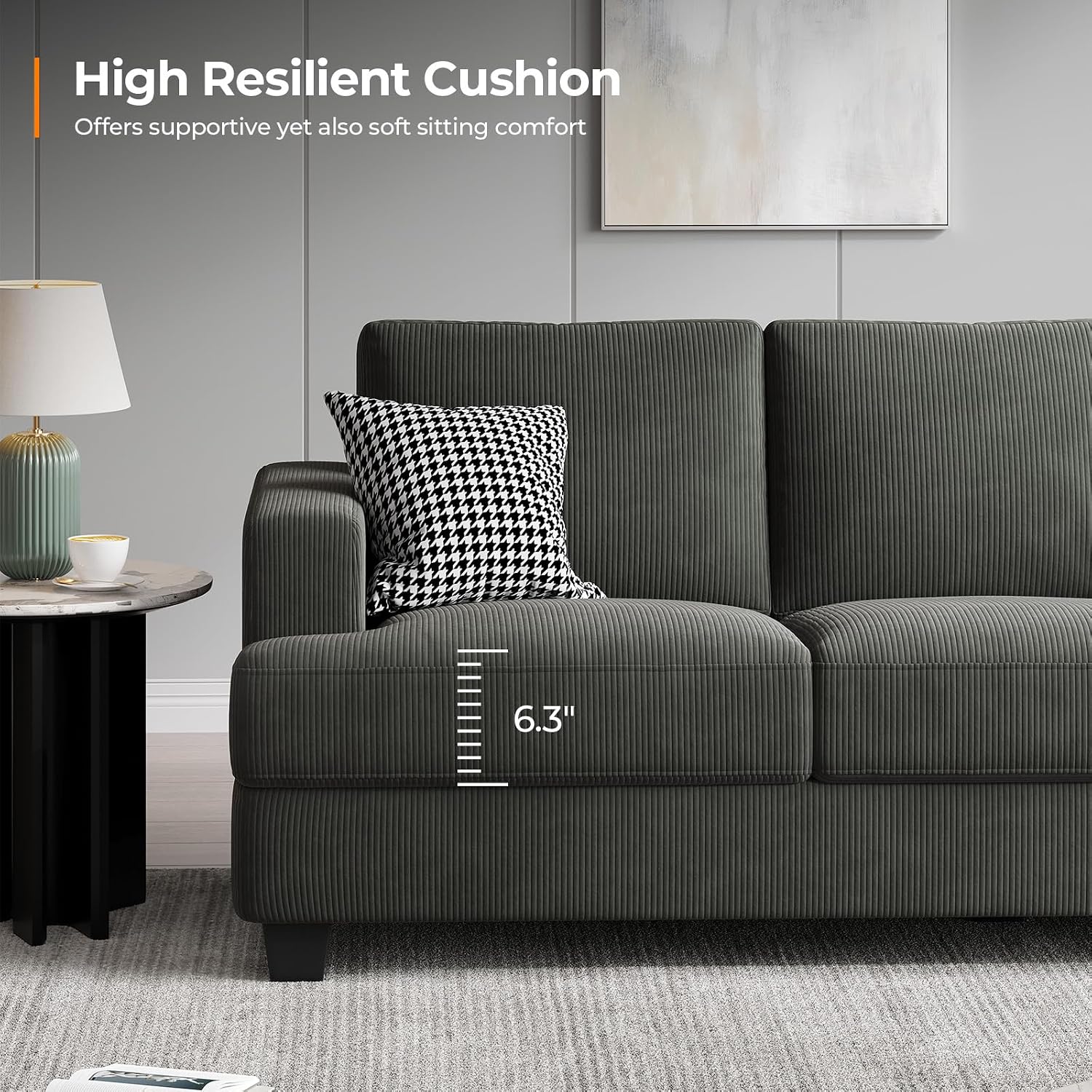 COPIAE 89 Inch Sofa with Extra Deep Seats Oversize, 3 Seater Sofa for Living Room, Modern Couch and Sofa, Comfy Armrests and Seats and Backrests, Easy Installation, Corduroy Fabric Grey