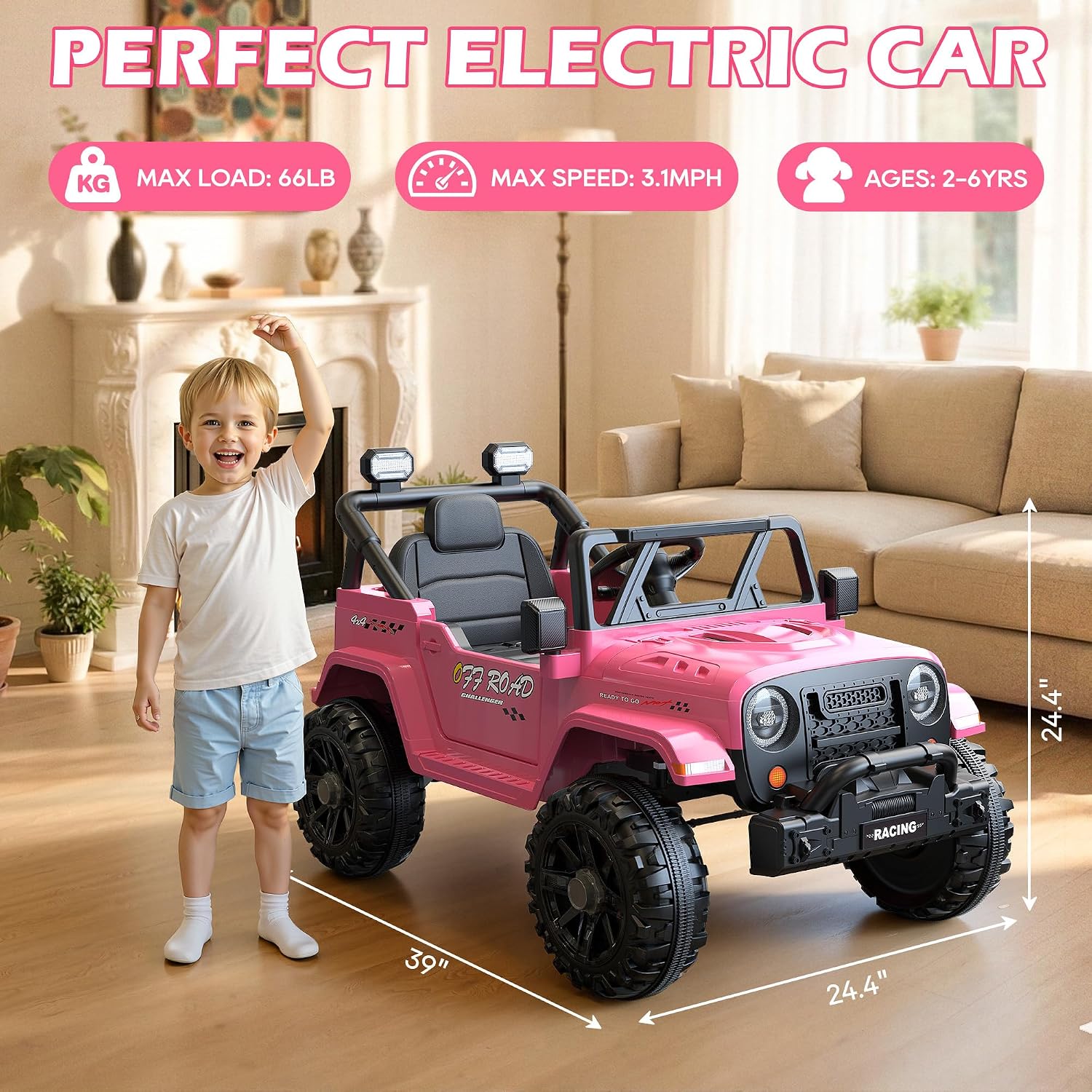 ARBELI 12V Ride On Truck Car with Remote Control, Kids Electric Vehicles with Bluetooth Music, Horn, 3 Speeds, 4 LED Lights, Soft Start, Ride on Toys for Toddler Boys & Girls, Pink