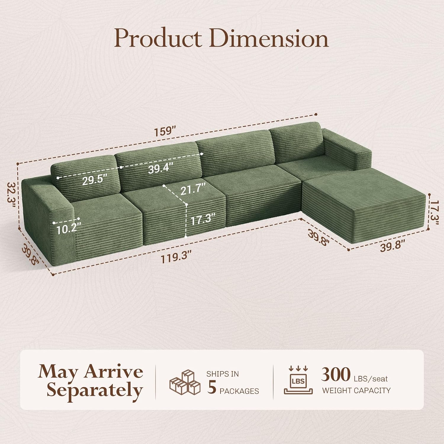 Vesgantti 159' Large Modular Sectional Sofa, L-Shaped Corduroy Cloud Couch with Deep Seats & Spring Support, 4-Seater Boneless Sofa with Movable Ottoman, No Assembly Needed, Green