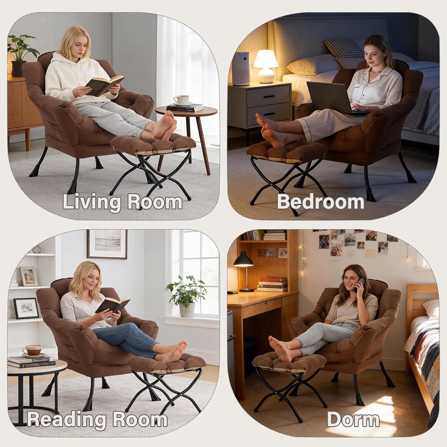 MBOOYOME Lazy Chair with Folding Ottoman, Modern Accent Armchair with Armrests and a Side Pocket & Foldable Footstool, Reading Chair for Living Room, Bedroom, Dorm & Office, Dark Brown
