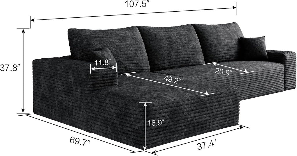 107 INCH Cloud Couch Oversized Modular Sectional Sofa, Fluffy Corduroy Upholstered Boneless Couches for Living Room, Wide & Deep Seat Corner Lounge Couches with Left Chaise,No Assembly Required