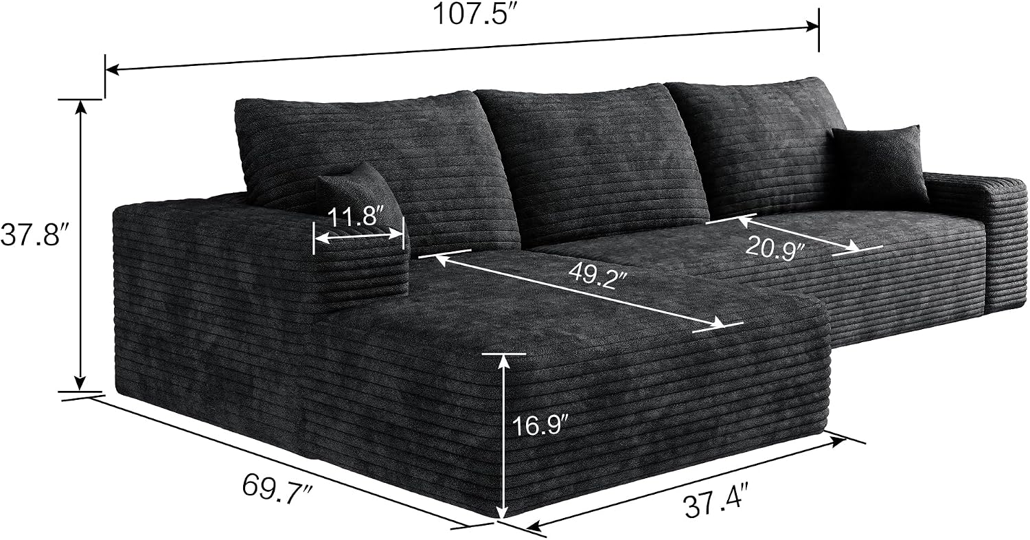 107 INCH Cloud Couch Oversized Modular Sectional Sofa, Fluffy Corduroy Upholstered Boneless Couches for Living Room, Wide & Deep Seat Corner Lounge Couches with Left Chaise,No Assembly Required