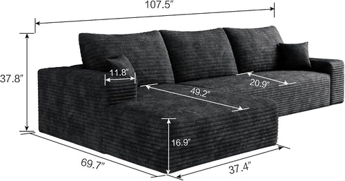 107 INCH Cloud Couch Oversized Modular Sectional Sofa, Fluffy Corduroy Upholstered Boneless Couches for Living Room, Wide & Deep Seat Corner Lounge Couches with Left Chaise,No Assembly Required