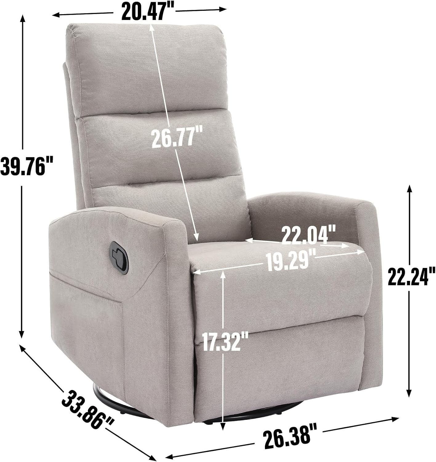 PELUMY Manual Recliner Chair, 360° Swivel Glider and Rocker Recliner with 155° Recline, Compact Fabric Recliner for Small Space, Nursery, Living Room, Bedroom, No Tools Assembly (Light Grey)
