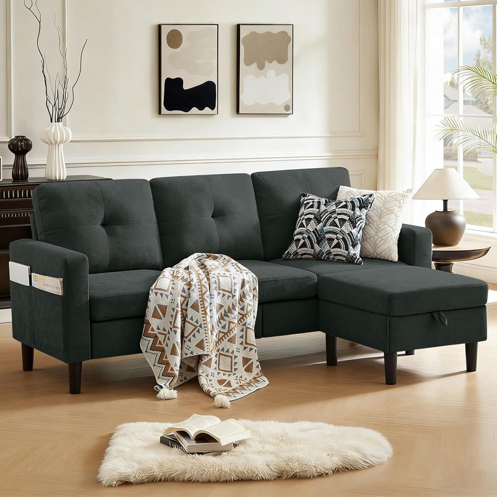 80' Convertible Sectional Sofa Couch with Movable Ottoman, 3 Seats Sectional Sofas L Shaped Couch for Small Spaces, Soft Fabric Couch for Living Room (Black)