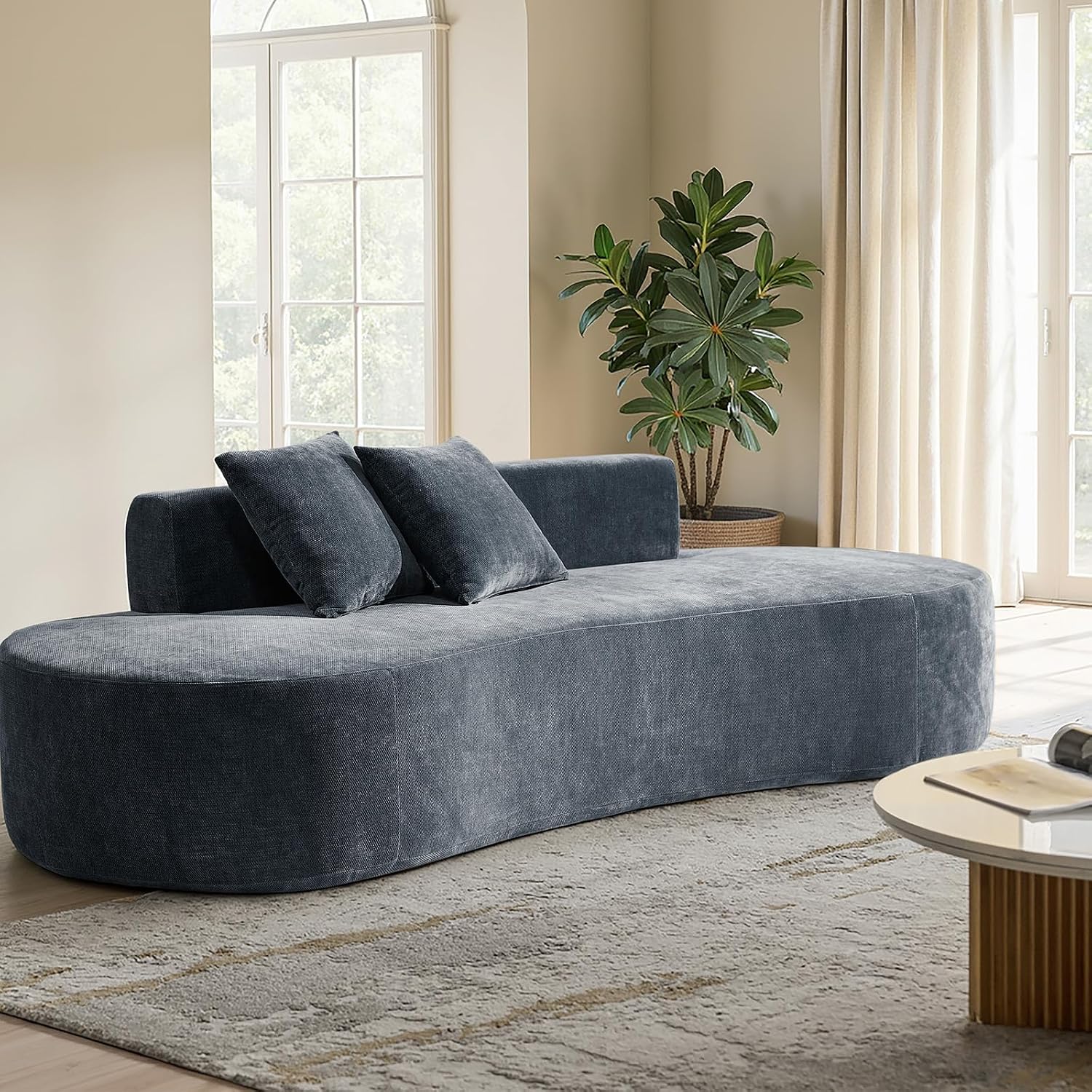 HULALA HOME 94.5' Curved Boneless Couch with Two Pillows, Oversized 3 Seater Compressed Foam Sofa with Deep Seat, Modern Cloud Couch for Living Room, No Assembly Required, Blue