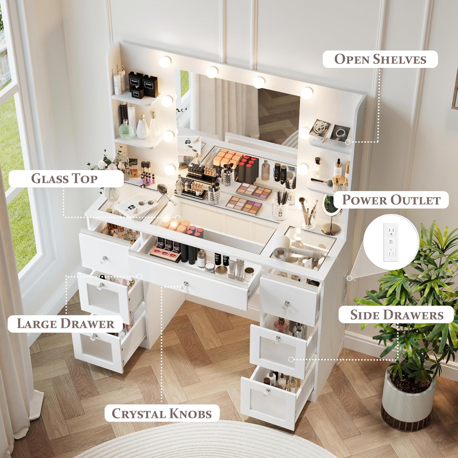 Makeup Vanity with 3-Color Lighted Mirror, Glass Top Makeup Desk with 7 Drawers, 4 Shelves, Built-in Power Outlet, Small Vanity Table for Women & Girls, White