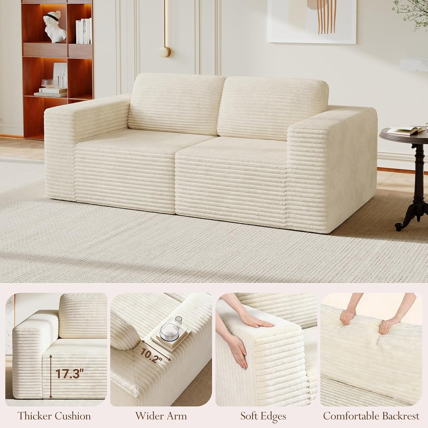 Vesgantti 80' Modular Sectional Sofa, Corduroy Cloud Couch with Deep Seating & Spring Support, 2 Seater Compact Modular Couch, Boneless Sectional Sofa for Small Spaces, No Assembly Required, Beige