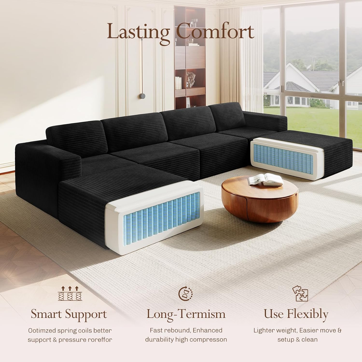 Vesgantti 159' Large Modular Sectional Sofa, U-Shaped Corduroy Cloud Couch with Deep Seats & Spring Support, 4-Seater Boneless Sofa with 2 Movable Ottomans, No Assembly Needed, Black