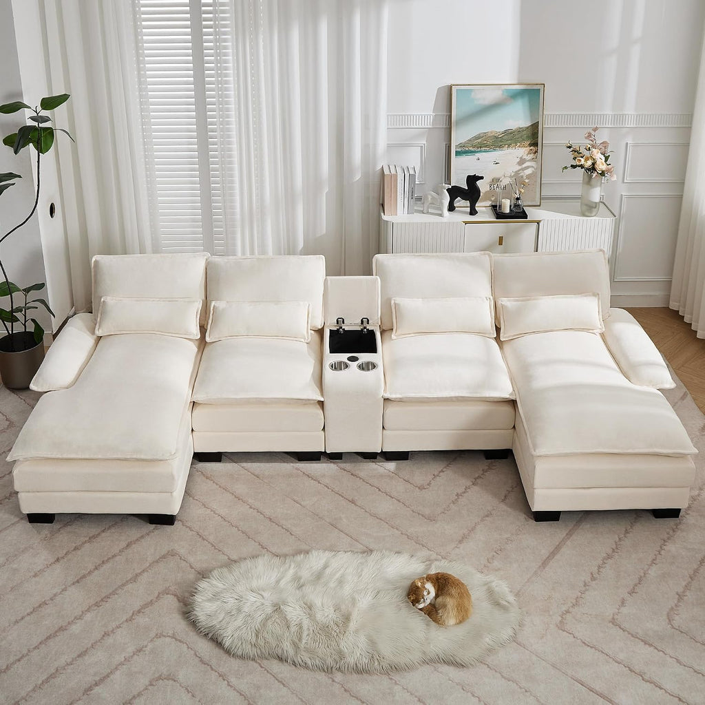 125'' U Shaped Cloud Modular Sectional Sofa with Chaise Lounges, Chenille Upholstered Comfy Couch with Storage Console, USB Charging Ports & Cup Holders, Small Deep Seat Sofa for Living Room, Beige