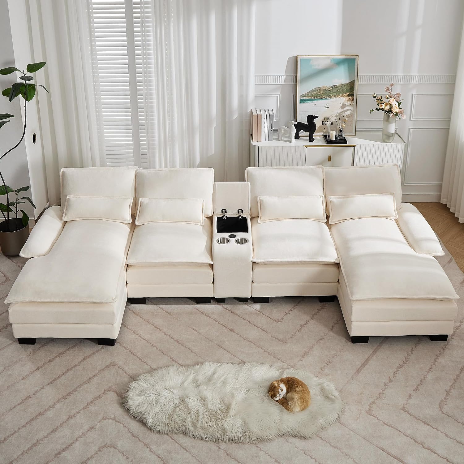 125'' U Shaped Cloud Modular Sectional Sofa with Chaise Lounges, Chenille Upholstered Comfy Couch with Storage Console, USB Charging Ports & Cup Holders, Small Deep Seat Sofa for Living Room, Beige