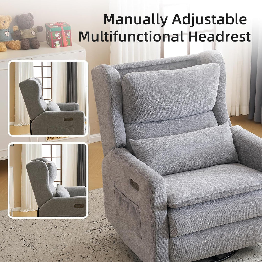 Power Recliner Chair Swivel Glider, Oversized Swivel Rocker Recliner with Adjustable Headrest, Chenille Glider Recliner Nursery Chair with Overstuffed Lumbar Support, USB Ports,Grey