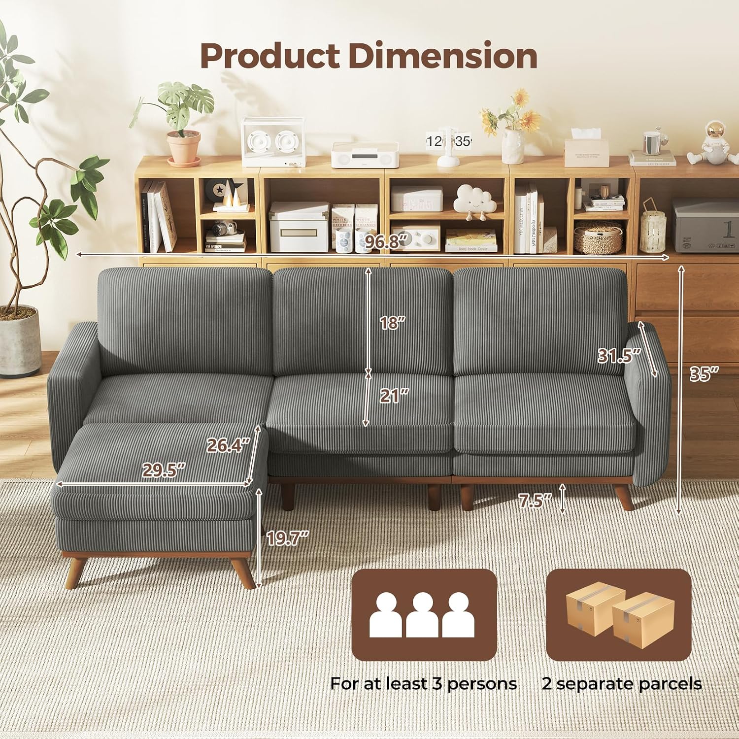 Vesgantti 97' Modular Sectional Sofa Dark Gray, L-Shaped Couch with Movable Ottoman, Comfy Corduroy Couch with Spring Cushion, Modular Sofa with Deep Seat for Living Room, Bedroom and Apartment