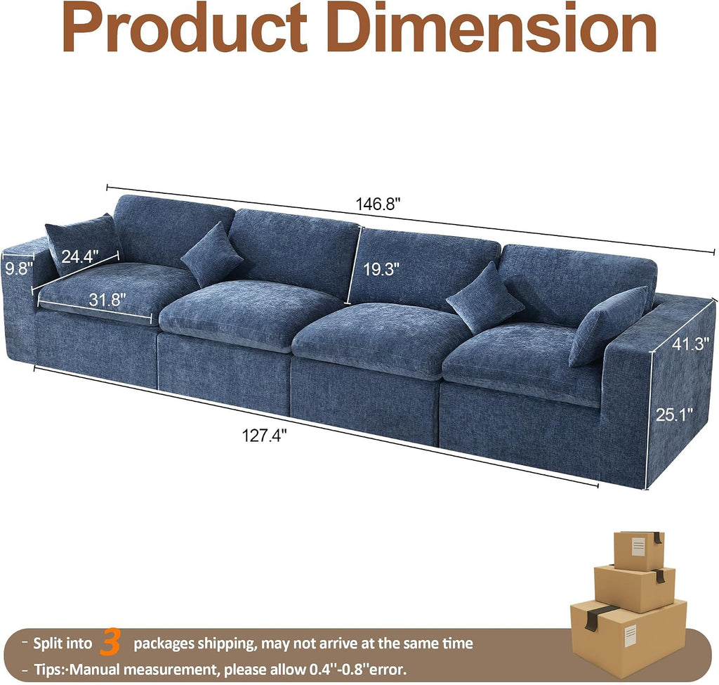 146''Cloud Boneless Sectional Couch, Modular Sectional Sofa Deep Seat, Oversized Upholstered Convertible Comfy 4 Seater Chenille Memory Foam Sofa Couches for Living Room, Blue