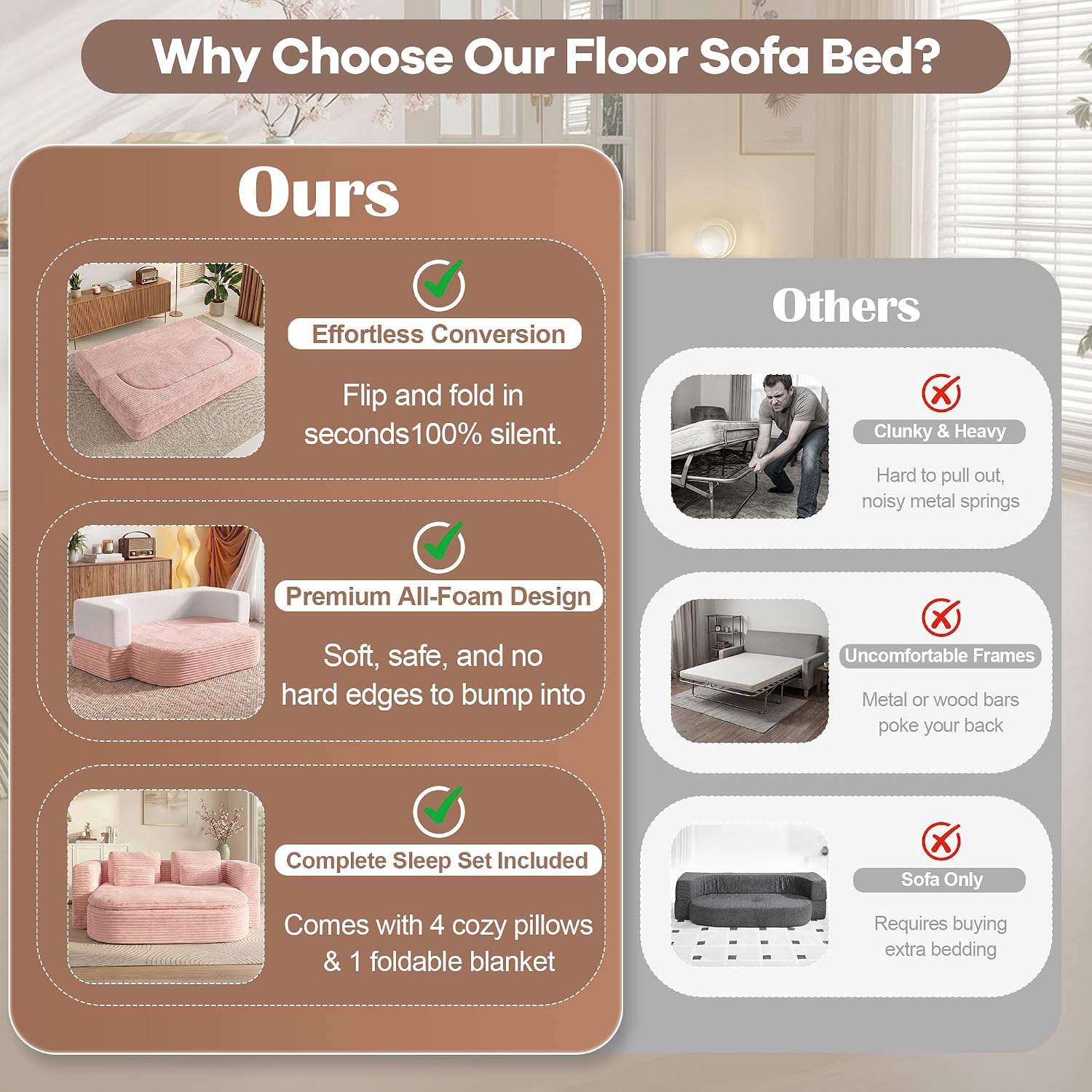 75'' Folding Sleeper Sofa Bed, Convertible Memory Foam Boneless Couch, Foldable Full Size Guest Bed, Modern 2-in-1 Futon Floor Sleeper Sofa with 4 Pillows and Blanket (Corduroy, Pink)