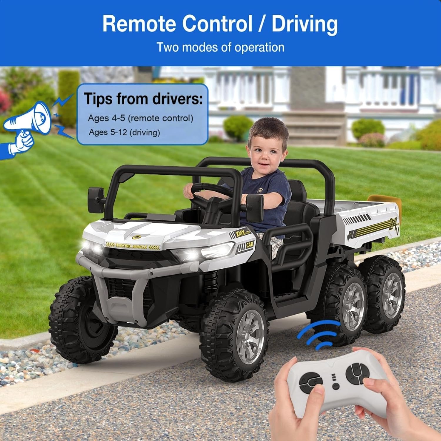 Hetoy 24V 2-Seater Ride On Dump Truck with Parent Remote Control, 4WD 6-Wheel Electric Car for Big Kids, UTV Style Dump Bed & Music Horn, ASTM/CPSIA Certified (Ages 3+)