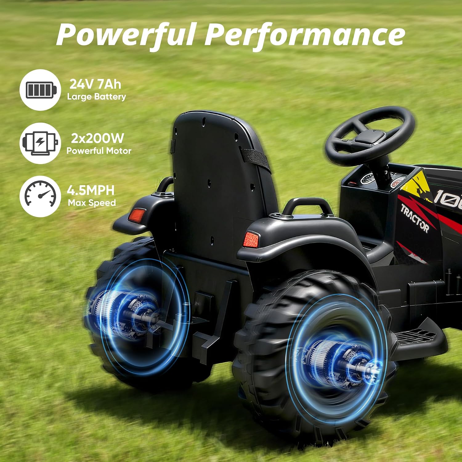 Hikiddo 24V Kids Ride on Tractor Toy, Electric Tractor for Kids 3-8 with Trailer, 2x200W Motors - Black