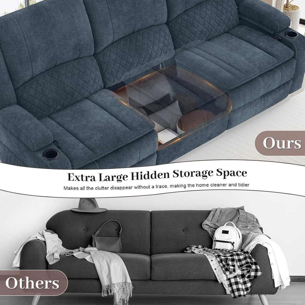 Yolsali 3-Seater Recliner Sofa, Manual Reclining Couch with Multi-Functional Middle Seat, Reclining Sofa for Living Room with Hidden Storage Space, Cup Holders, and Removable Console