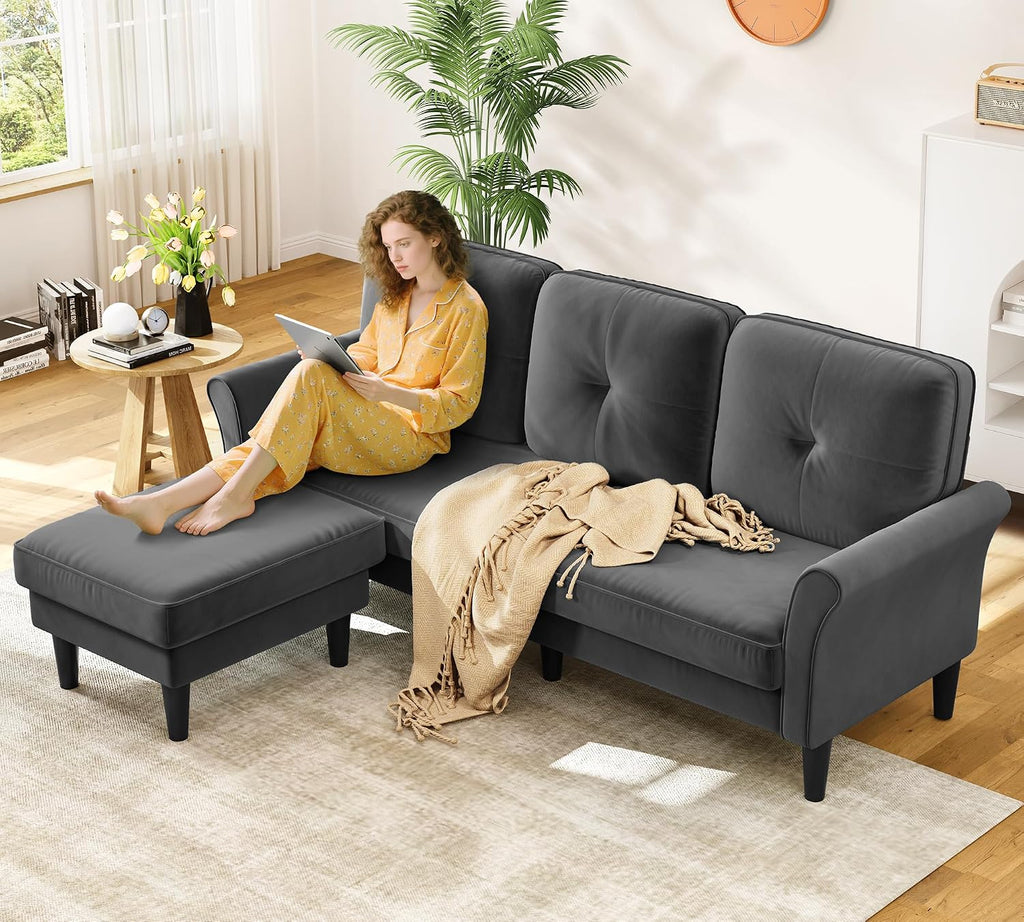 Kidirect 83' Sectional Couch, Velvet L-Shaped Couch 3 Seater Sectional Couches for Living Room, Comfy Fluffy Deep Seat Loveseat, Modular Sectional Sofa with Ottoman for Apartment Office, Grey Couch