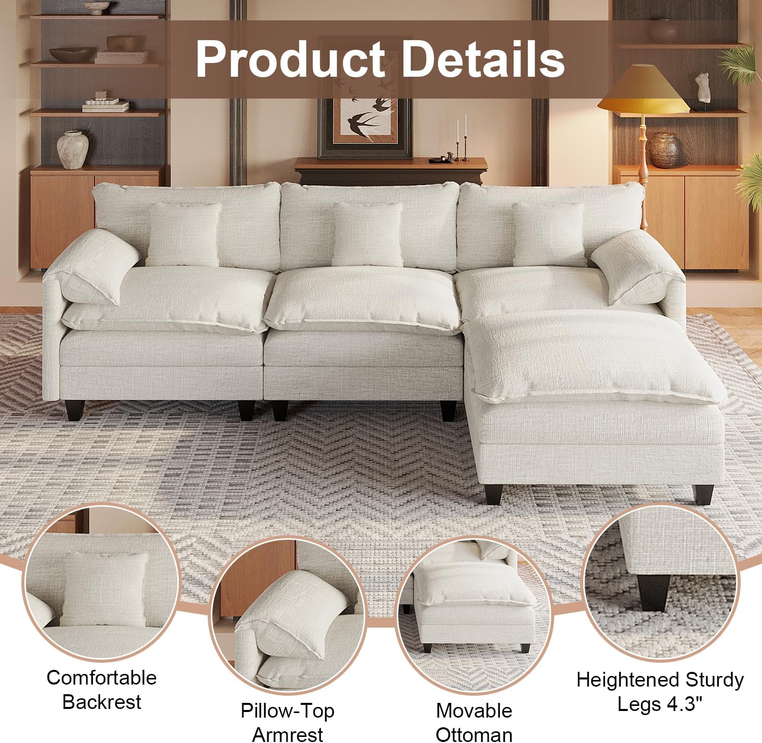 KCGKCG Modular Sectional Sofa, 108' Comfy Cloud Couch with Movable Ottoman | Charging Station | Side Pocket | Throw Pillow, Modern L-Shaped Couches for Living Room, Chenille, White