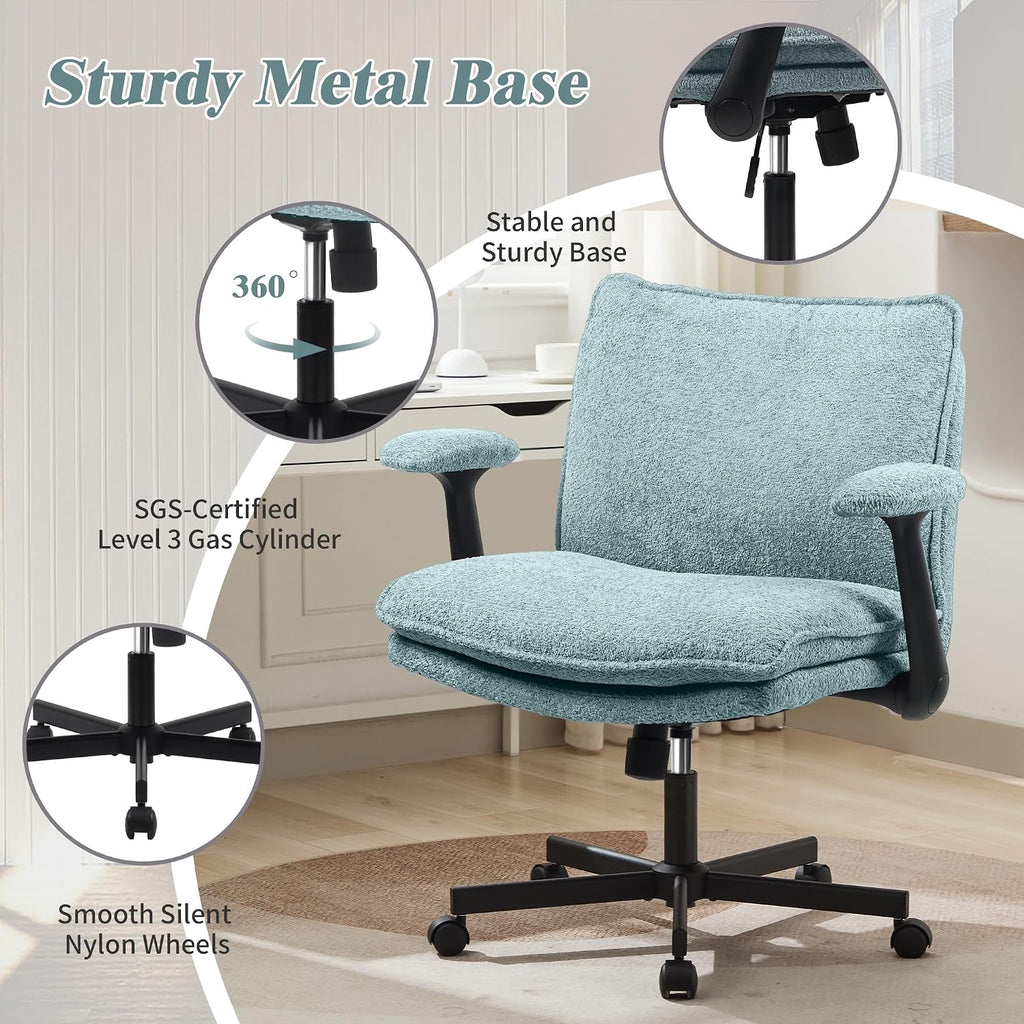 Kassipo Criss Cross Legged Office Chair with Wheels and Flip-Up Arms, Upholstered Criss Cross Desk Chair, Wide Seat Chairs for Home Office, Vanity, Apartment, Light Green