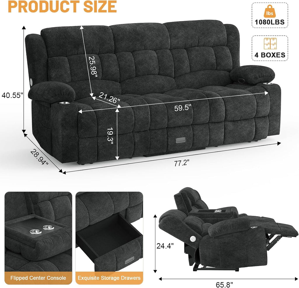 Dresegmt Loveseat Recliner Sofa, Flip Middle Backrest Design 3 Seat Reclining Sofa with Storage Drawer, USB Ports & Cup Holders, Manual Couch for Living Room/RV (Gray)