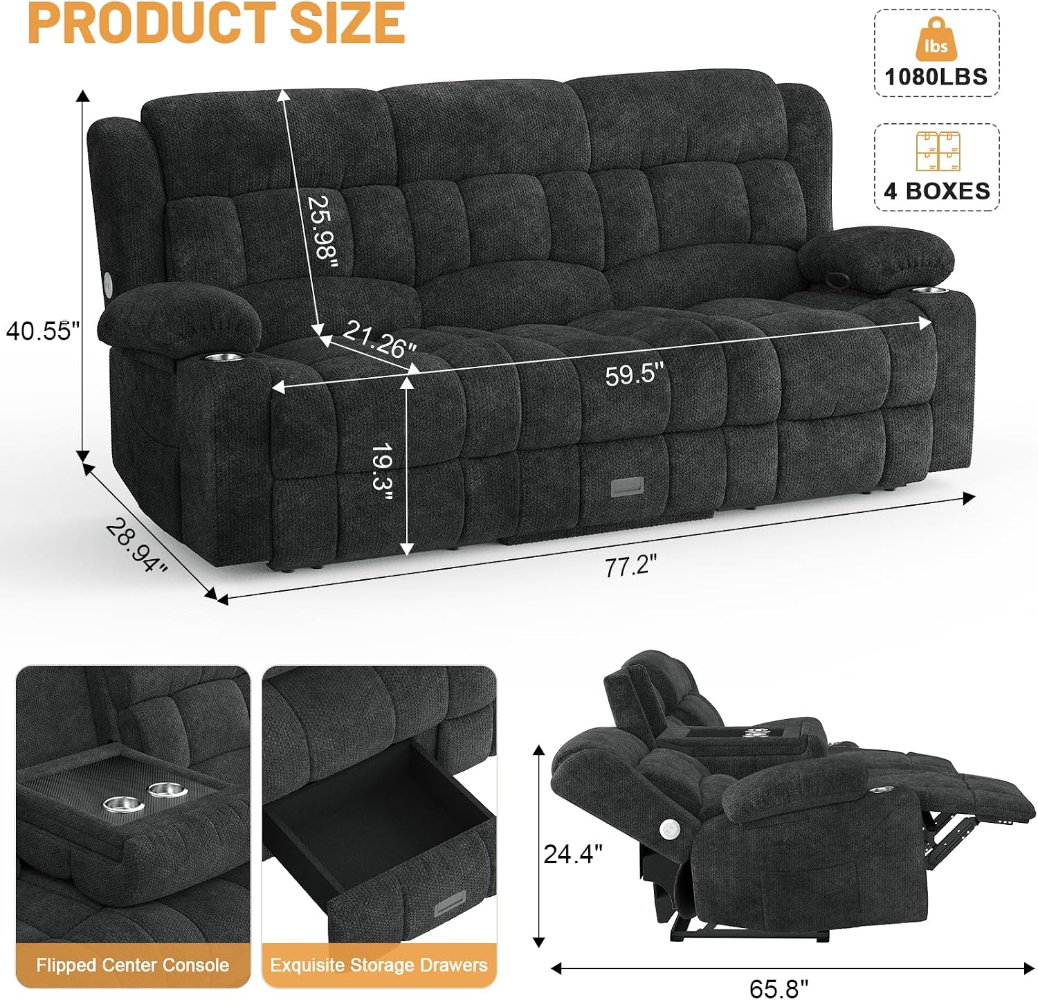 Dresegmt Loveseat Recliner Sofa, Flip Middle Backrest Design 3 Seat Reclining Sofa with Storage Drawer, USB Ports & Cup Holders, Manual Couch for Living Room/RV (New Gray)