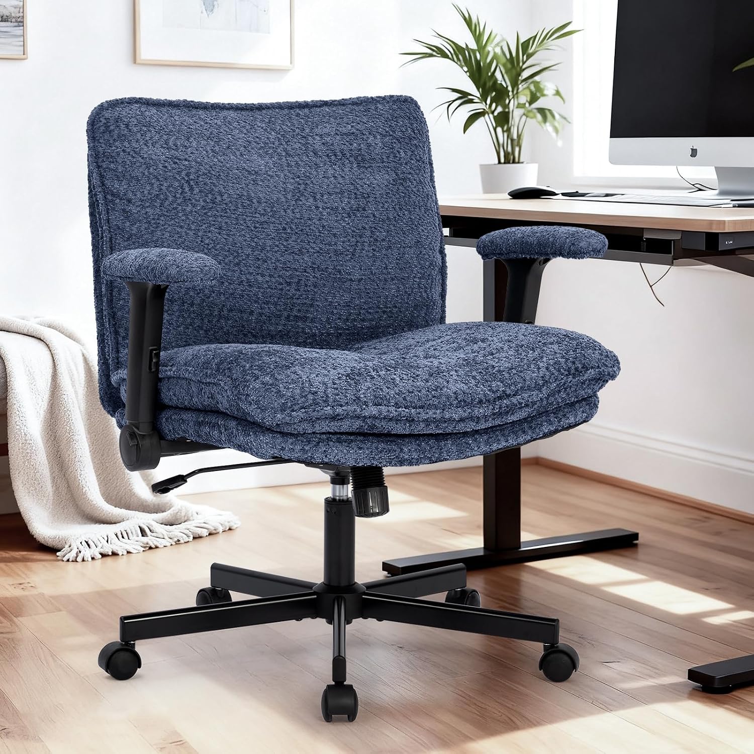 Kassipo Criss Cross Legged Office Chair with Wheels and Flip-Up Arms, Upholstered Criss Cross Desk Chair, Wide Seat Chairs for Home Office, Vanity, Apartment, Navy Blue