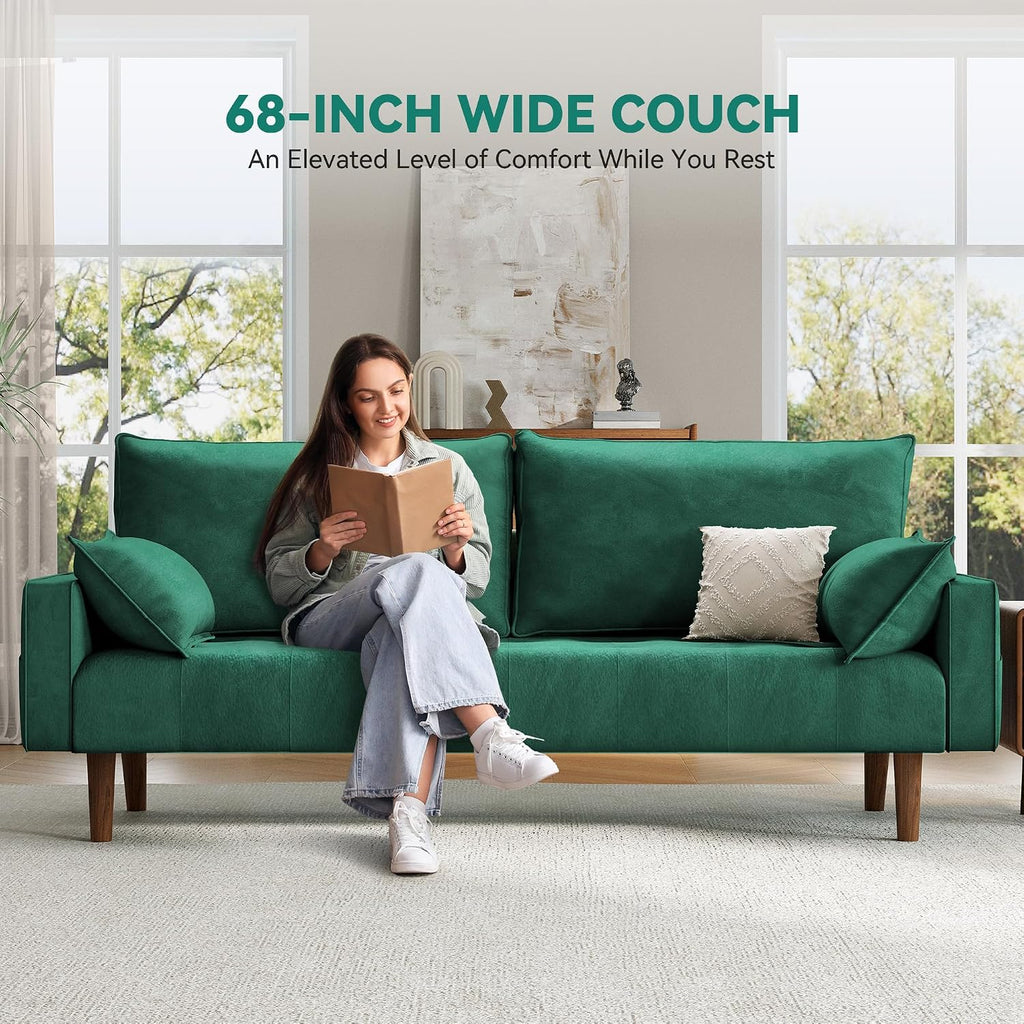 DWVO 68' Loveseat Sofa, Velvet Fabric Sofa Couch for Small Space, Modern Loveseat with Button Tufted Seat and Side Storage Pockect, 3 Seater Couch for Living Room Bedroom, 2 Pillows Included, Green