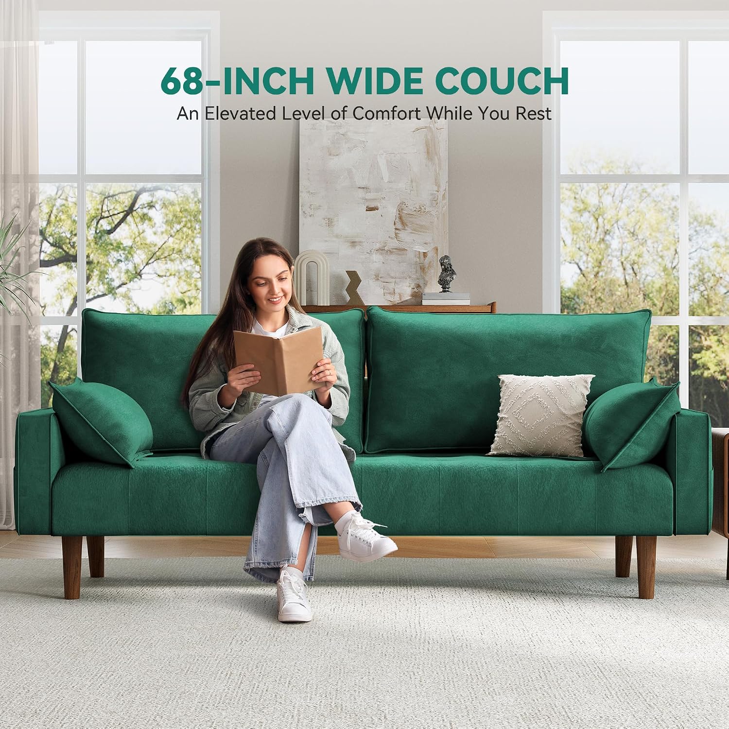 DWVO 68' Loveseat Sofa, Velvet Fabric Sofa Couch for Small Space, Modern Loveseat with Button Tufted Seat and Side Storage Pockect, 3 Seater Couch for Living Room Bedroom, 2 Pillows Included, Green