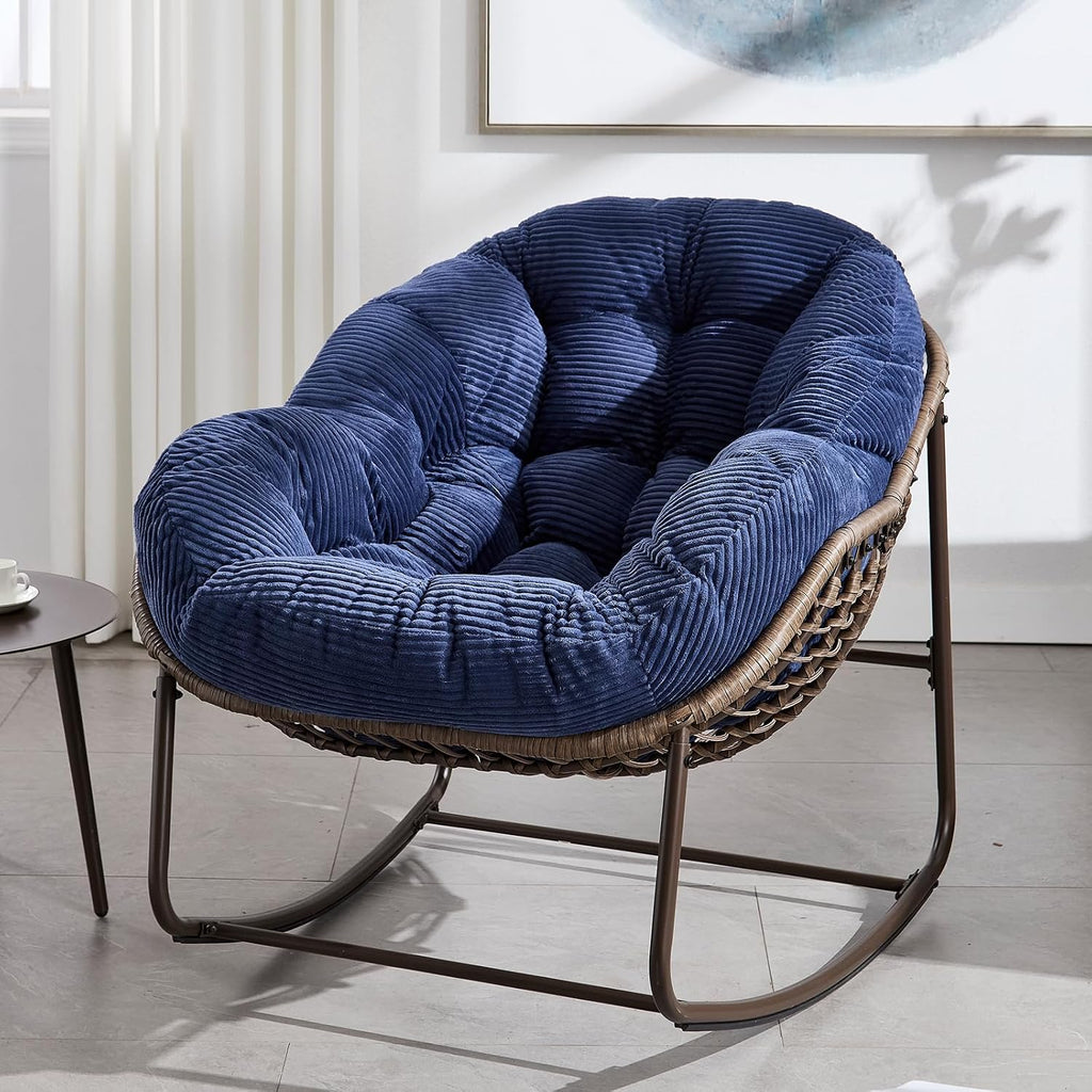 JEEOHEY Papasan Rocking Chairs Outdoor Indoor, Oversized Rattan Rocker Patio Chair with Padded Cushion, Comfy Modern Indoor Egg Chair for Living Room, Bedroom, Porch, Garden, Balcony(Corduroy, Navy)