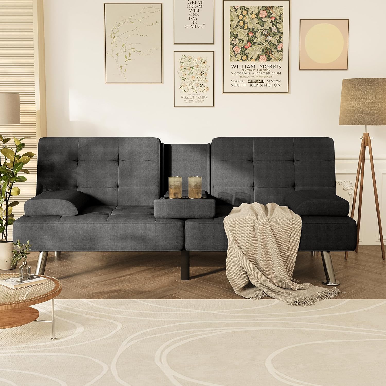 Homall Futon Sofa Bed, Futon Couch with Removable Armrests, Adjustable Recliner Sleeper Sofa Bed with Dual Cup Holders for Living Room, Apartment, Office (Fabric, Black)