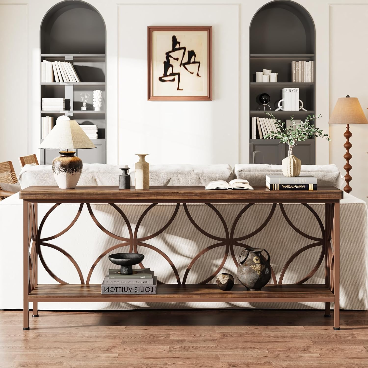 Tribesigns 70.9-Inch Narrow Sofa Table, Industrial Long Sofa Table Behind Couch, Entry Console Table with Storage for Entryway, Living Room, Foyer, Unique Design, Brown Glossy