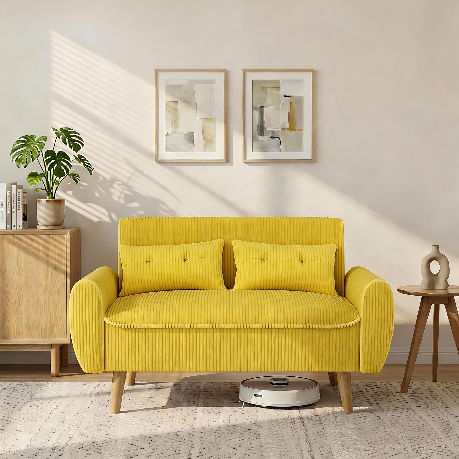 Shintenchi 48'' Loveseat Sofa, Mid-Century Modern Upholstered Couch Deep Seat with 2 Pillows, 10' Thick Cushion with Spring, Solid Wood Frame Small Couch for Living Room, Dorms & Office, Yellow