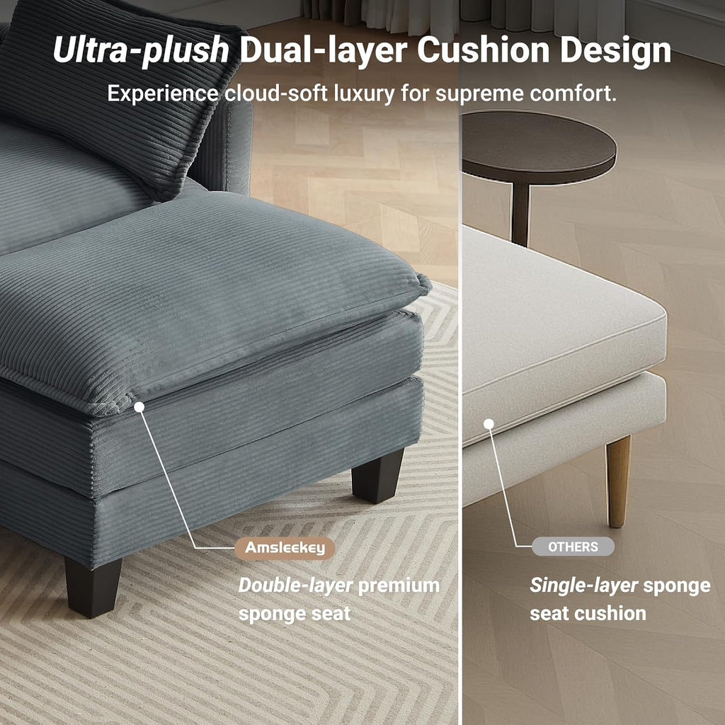 Amsleekey Modular Sectional Sofa, 76.5' L-Shaped Corduroy Comfy Sectional Couches for Living Room, 2-Seater Cloud Couches with 1 Movable Ottoman, Flexible Combination Modern Deep Seat Sofa (Grey)
