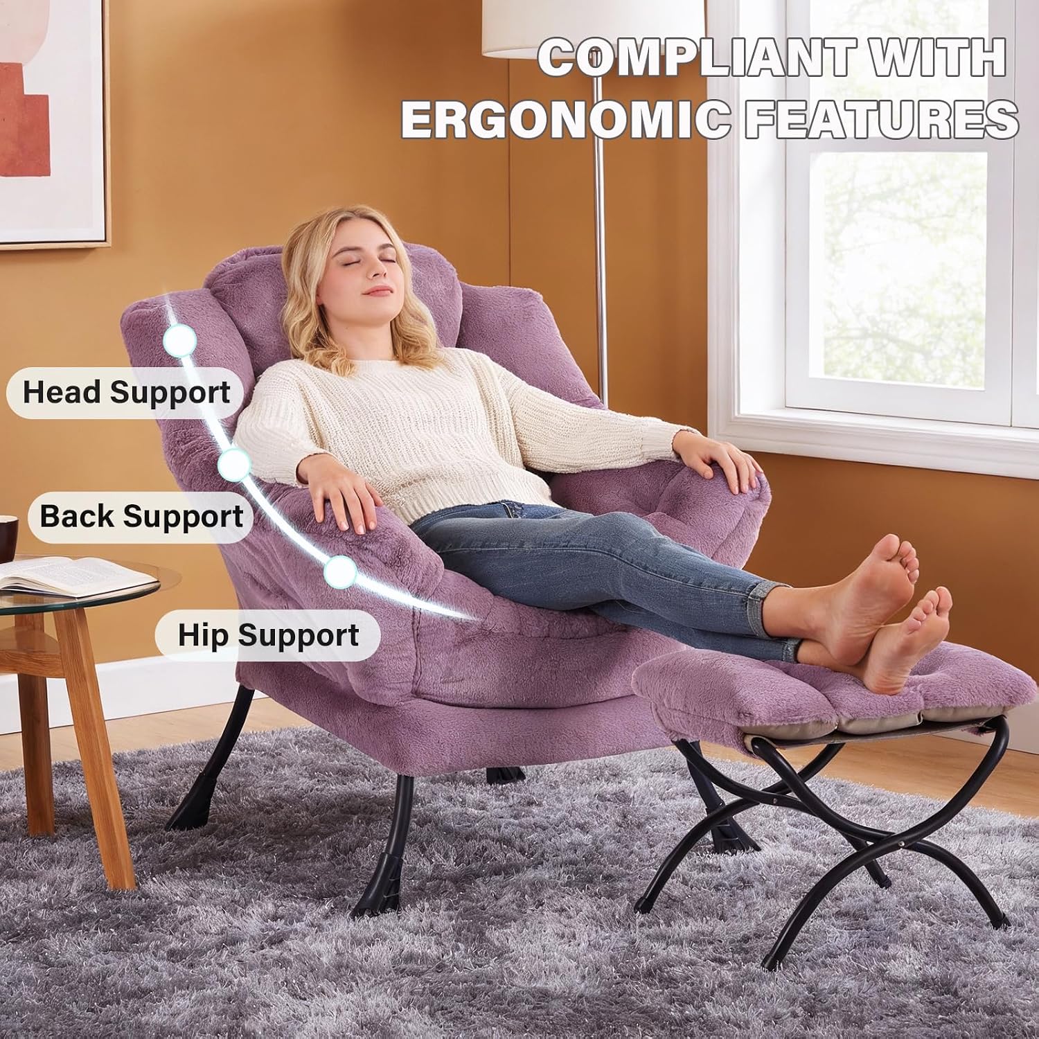 MBOOYOME Lazy Chair with Ottoman, Modern Accent Lounge Armchair with Side Pocket & Foldable Footstool, Leisure Reading Chair for Living Room, Bedroom, Dorm & Office, Plush Purple
