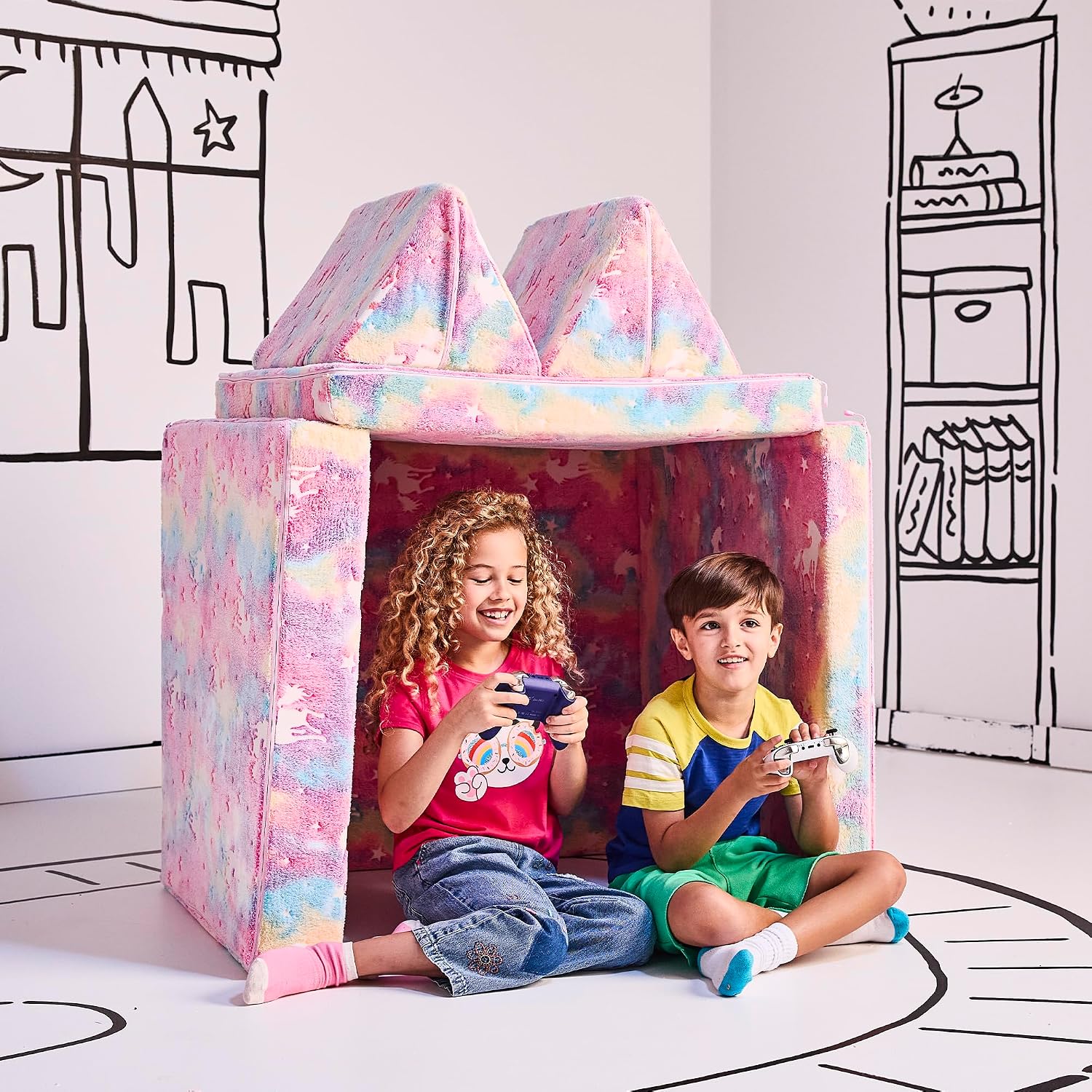 YOURIGAMI Kids and Toddler Play Couch, Convertible Folding Sofa, Durable Foam Modular Design, Glow in The Dark Unicorn