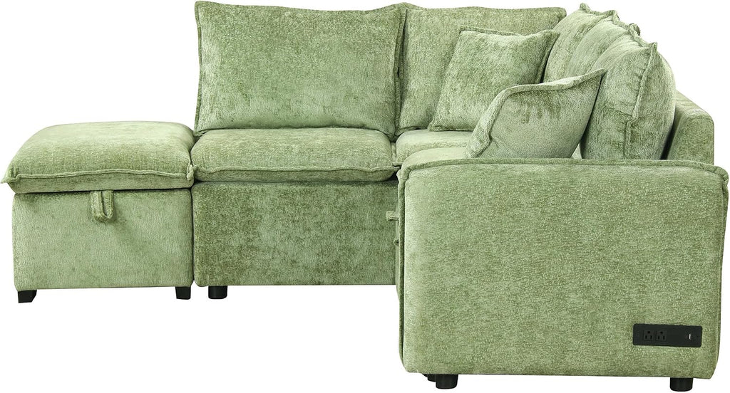 LUMISOL 82.7' Convertible Sleeper Sofa Bed with Storage Ottoman, L-Shaped Sectional Sofa with Pull Out Bed, USB Ports, Chenille Sleeper Sofa Couch with Chaise for Living Room, Green