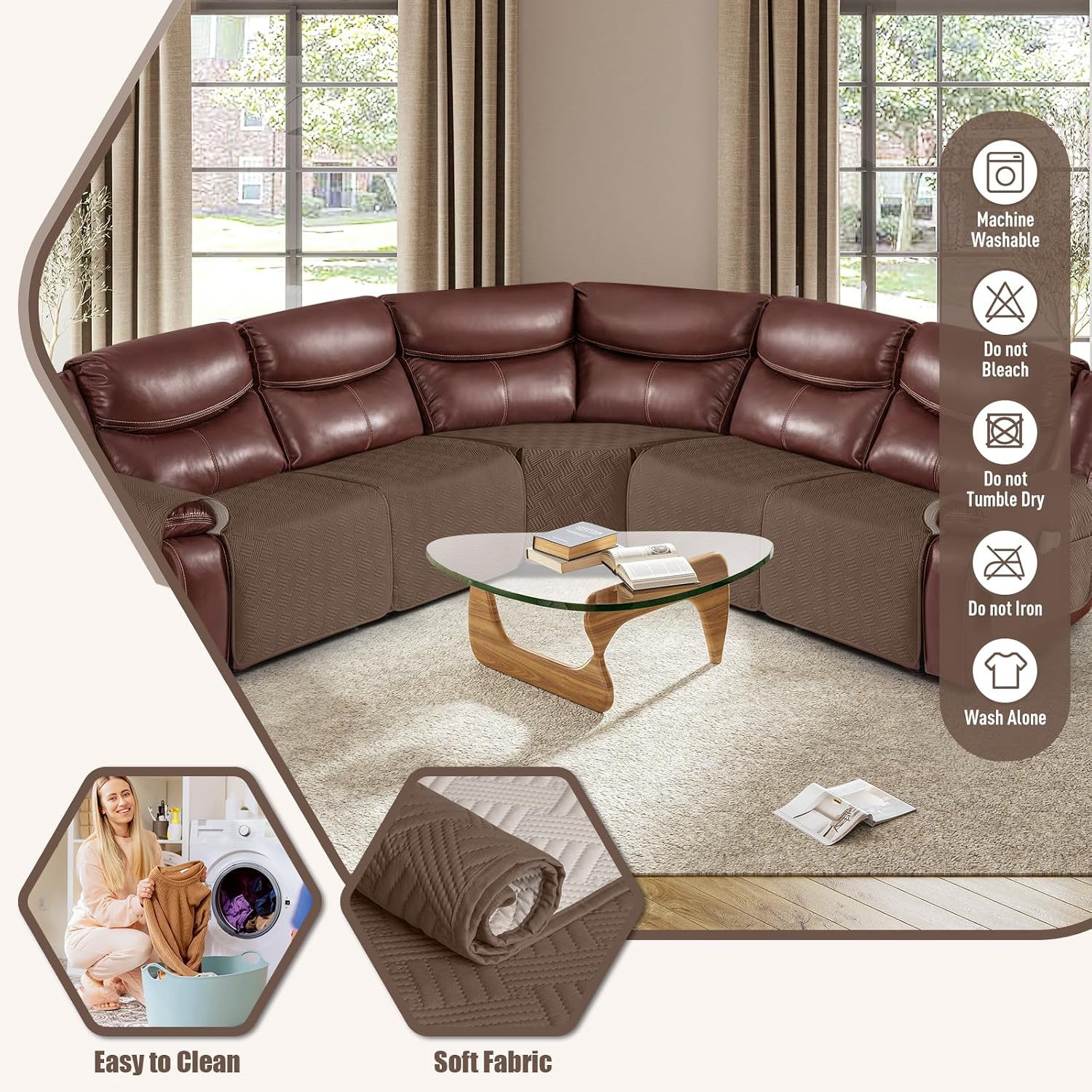 KinCam Waterproof Recliner Sectional Couch Covers, Oversized Reclining Sofa Covers for L Shape Couch, Non Slip Couch Cover for Sofa Washable Slipcover (5 Seat Recliner Cover, Brown)