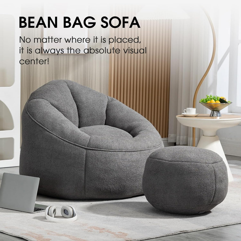 Bean Bag Chair for Adult, Microfiber Upholstered Bean Bag Sofa with Petal Back, Shell-Shaped Beanbag Chair with Footstool, Memory Foam Stuffed Lazy Sofa for Living Room, Bedroom (Grey)