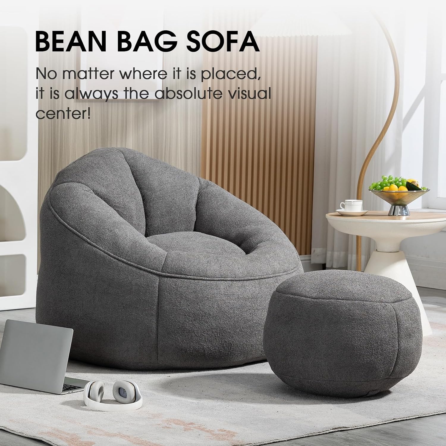 Bean Bag Chair for Adult, Microfiber Upholstered Bean Bag Sofa with Petal Back, Shell-Shaped Beanbag Chair with Footstool, Memory Foam Stuffed Lazy Sofa for Living Room, Bedroom (Grey)