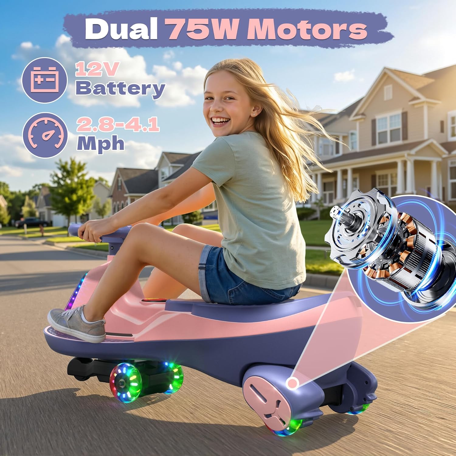ANPABO 12V Electric Wiggle Car with Pedals, 2 Seater, 2x75W Motor, Music & Bluetooth, Ride On Toy for Kids Ages 3+, 170 Lbs, Pink