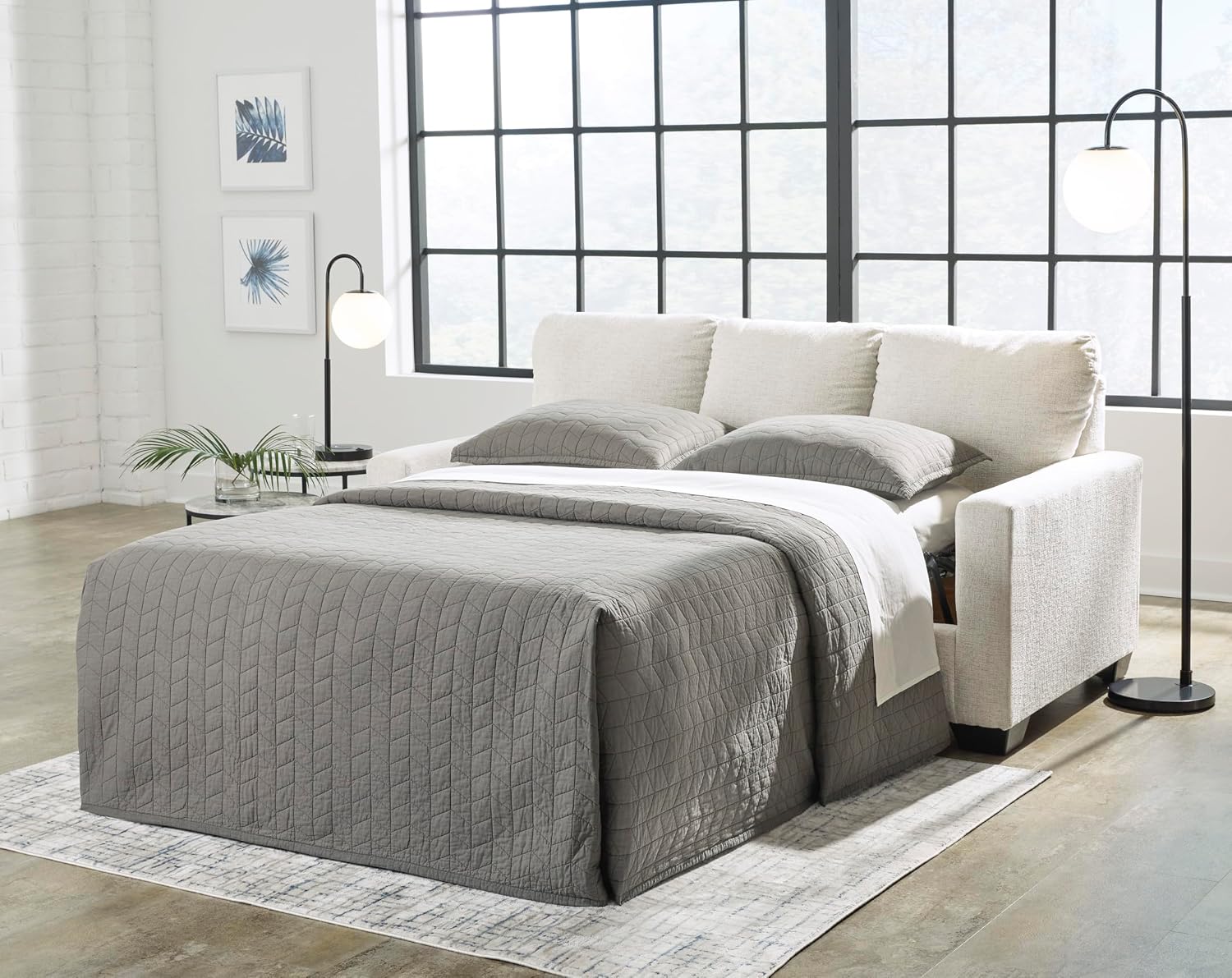 Signature Design by Ashley Rannis Coastal 2-in-1 Sofa Sleeper with Folding Gel Memory Foam Mattress, Full, White
