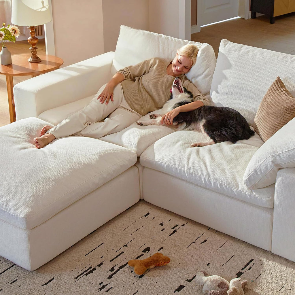Cloud Couch Sectional 113.2'' Oversized Modular Deep Seat Sofa L Shaped Comfy White Cloud Couch with Washable Cover for Living Room 3 Seater with 1 Ottoman