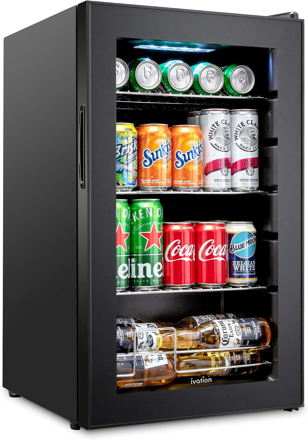 Ivation 101 Can Beverage Refrigerator , Freestanding Ultra Cool Mini Drink Fridge , Beer, Cocktails, Soda, Juice Cooler for Home and Office , Reversible Glass Door and Adjustable Shelving - Black,IVABC1010B