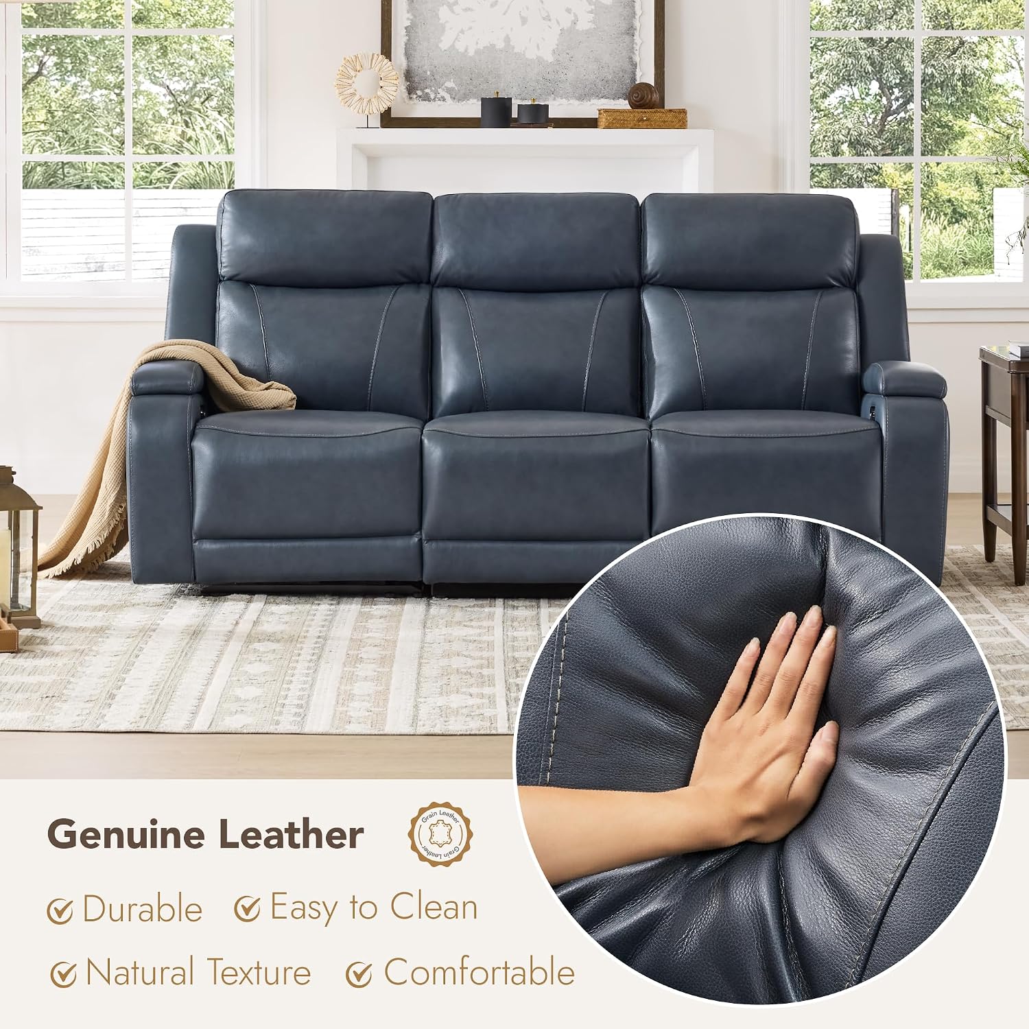 Watson & Whitely Genuine Leather Power Recliner Sofa, 3 Seater Zero Gravity Reclining Couch with Power Headrest & Flip Middle Backrest Table, Hidden Storage, Cup Holders for Living Room, Navy Blue