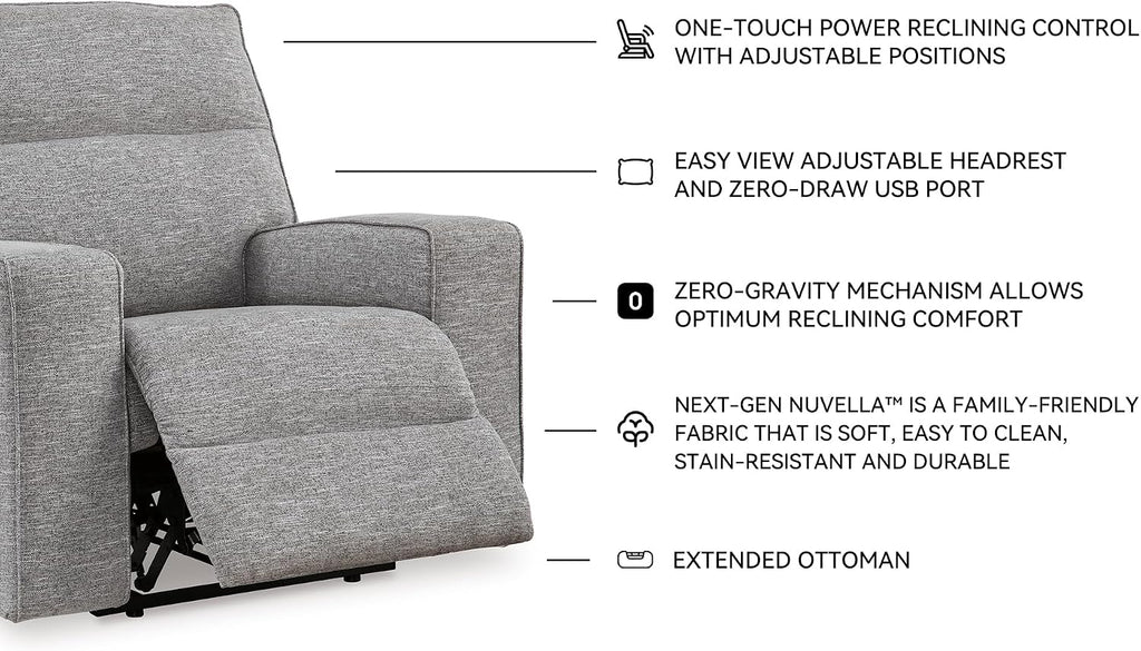 Signature Design by Ashley Biscoe Contemporary Power Recliner with Adjustable Headrest, USB Charging, Cleanable Performance Fabric, 21' Seat Height, Gray