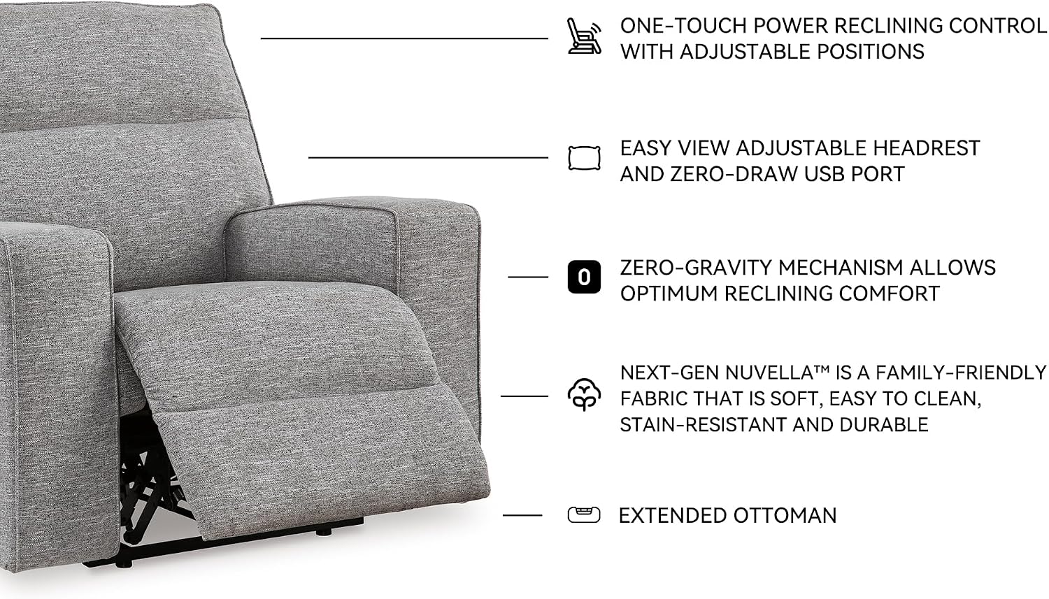 Signature Design by Ashley Biscoe Contemporary Power Recliner with Adjustable Headrest, USB Charging, Cleanable Performance Fabric, 21' Seat Height, Gray