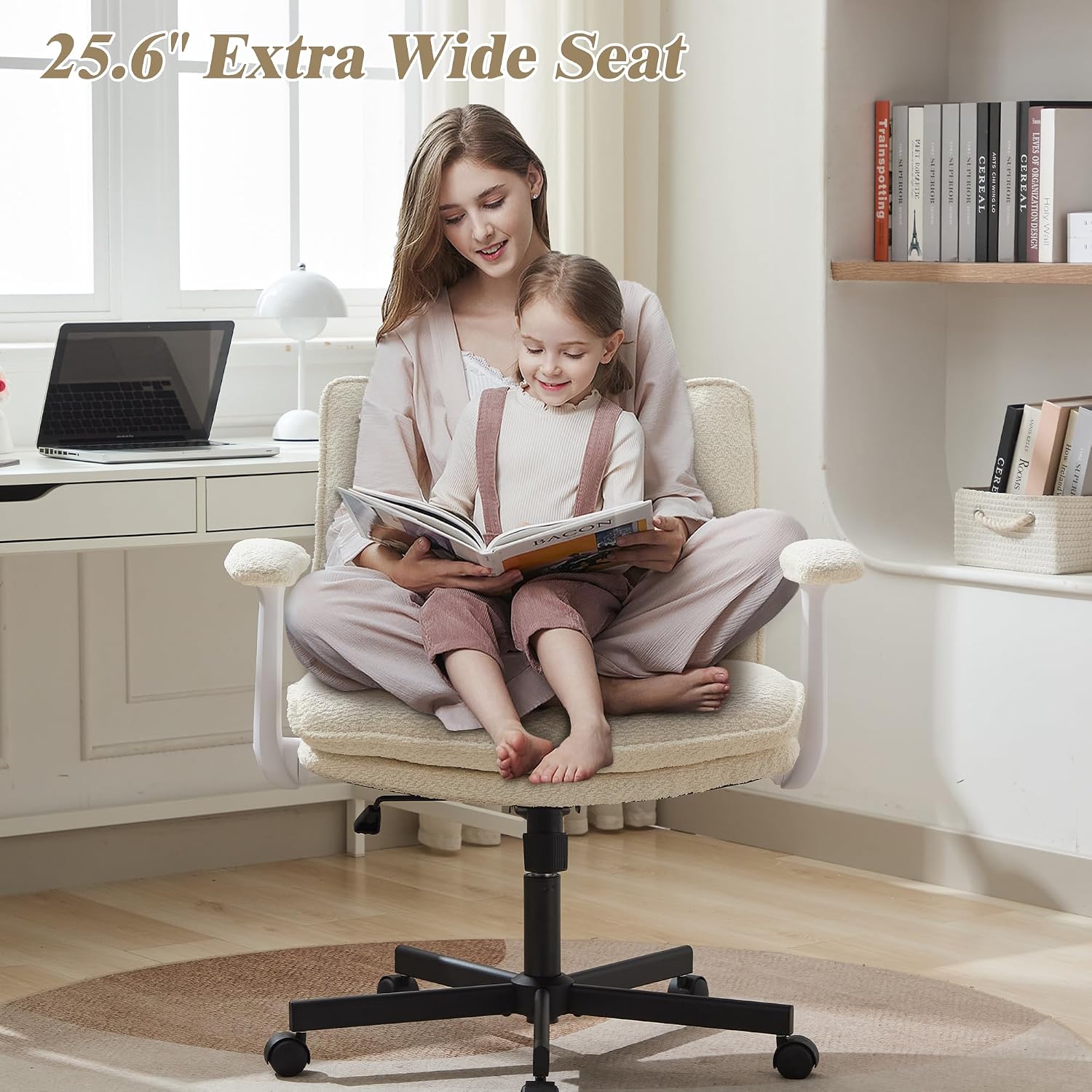 Kassipo Criss Cross Legged Office Chair with Wheels and Flip-Up Arms, Upholstered Criss Cross Desk Chair, Wide Seat Chairs for Home Office, Vanity, Apartment, Beige